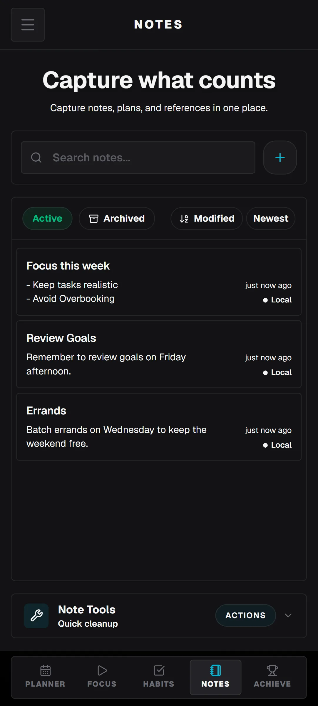 WeekFlux Notizen-Ansicht.
