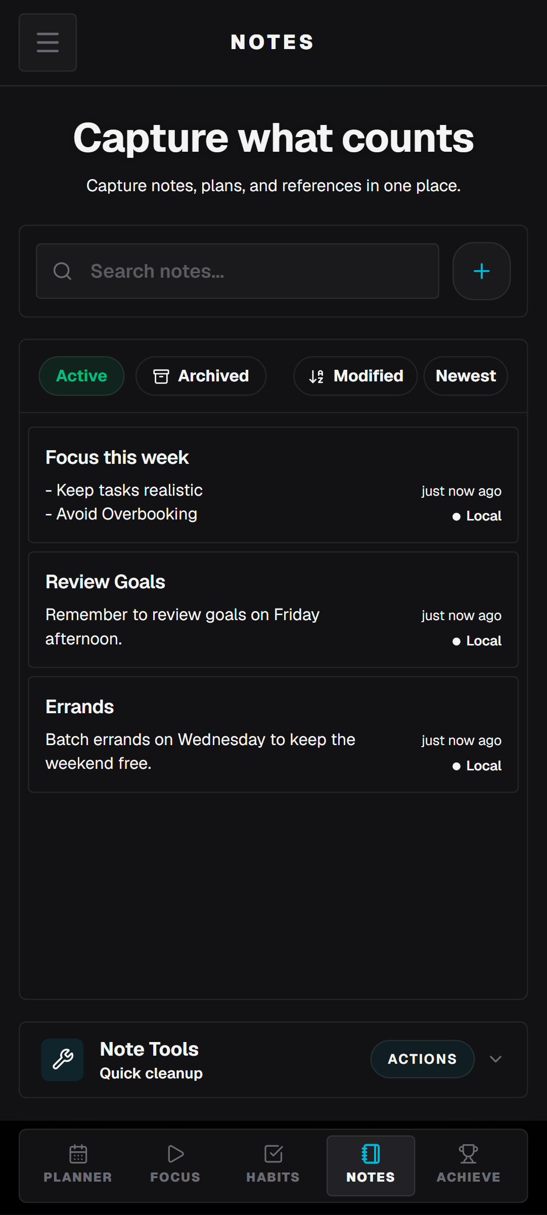 WeekFlux Notizen-Ansicht.